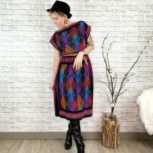 Vintage 1980s Boat Neck Diamond Shimmer Midi Dress